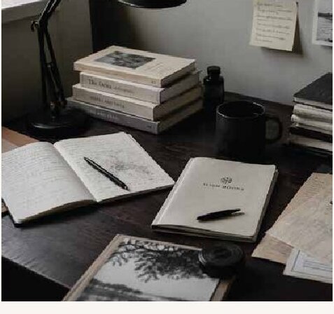 Books and notebook on an editorial desk